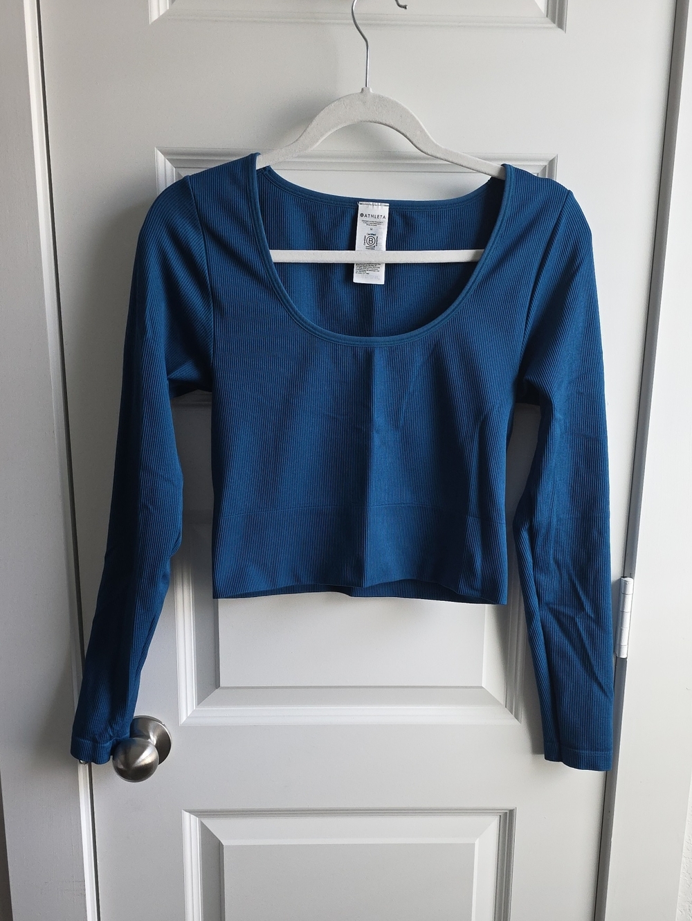Athleta Teal Blue Ribbed Long Sleeve Scoop Crop Top Medium G188